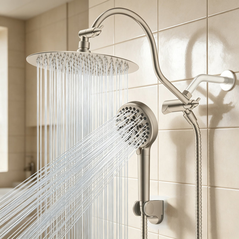 Pomme de douche tout en métal 12 po avec 10 jets à main, Nickel brossé