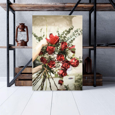 «Personne tenant un bouquet de roses rouges», reproduction d'art rectangulaire sur toile tendue