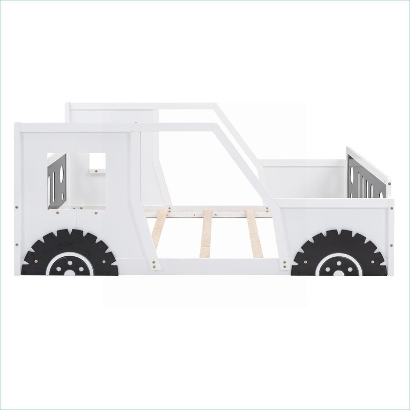 Solid Pine Car-Shaped Platform Bed, Full Size Classic White Bed Frame with Decorative Wheels for Residential Bedroom, White