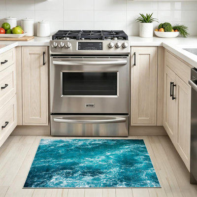 Tapis bleu abstrait lavable à la machine, vagues de la mer Méditerranée