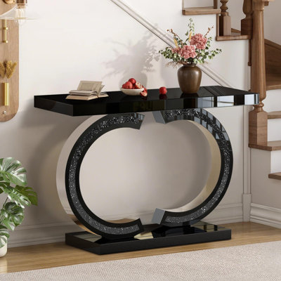 Console en miroir avec incrustation de diamant concassé, table de canapé d'entrée de 39,4 po de long, double table d'appoint moderne en forme de C pour le salon, le couloir, le vestibule, l'entrée