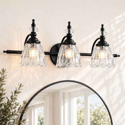Applique murale pour salle de bain 3 lumières noir mat, applique de style campagnard avec abat-jour en verre fleuri, luminaire sur miroir