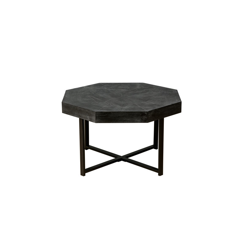 Table basse en bois octogonale rétro avec patchwork artisanal 30 pouces, Noir antique