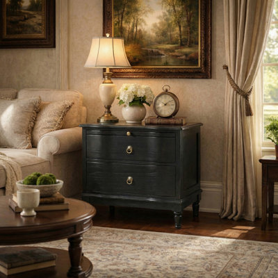 Elfine Traditional 26''W 2-Drawer Solid Wood End Table with Built-In Outlet and Curved Drawer Fronts