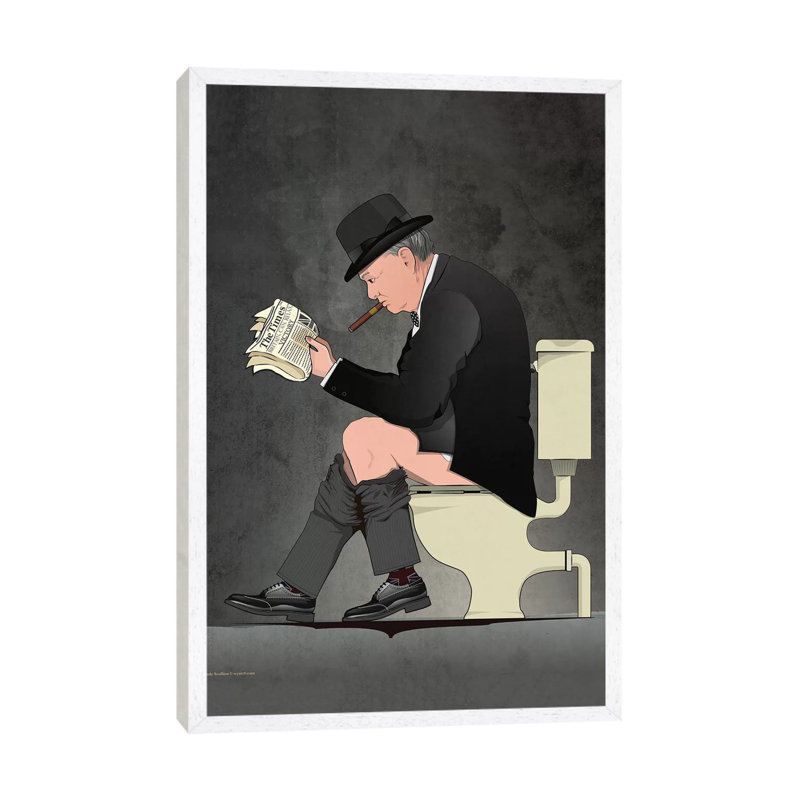 Churchill On The Toilet by Wyatt - Print on Canvas, 101.6cm H x 66.04cm W x 3.81cm D, White Framed