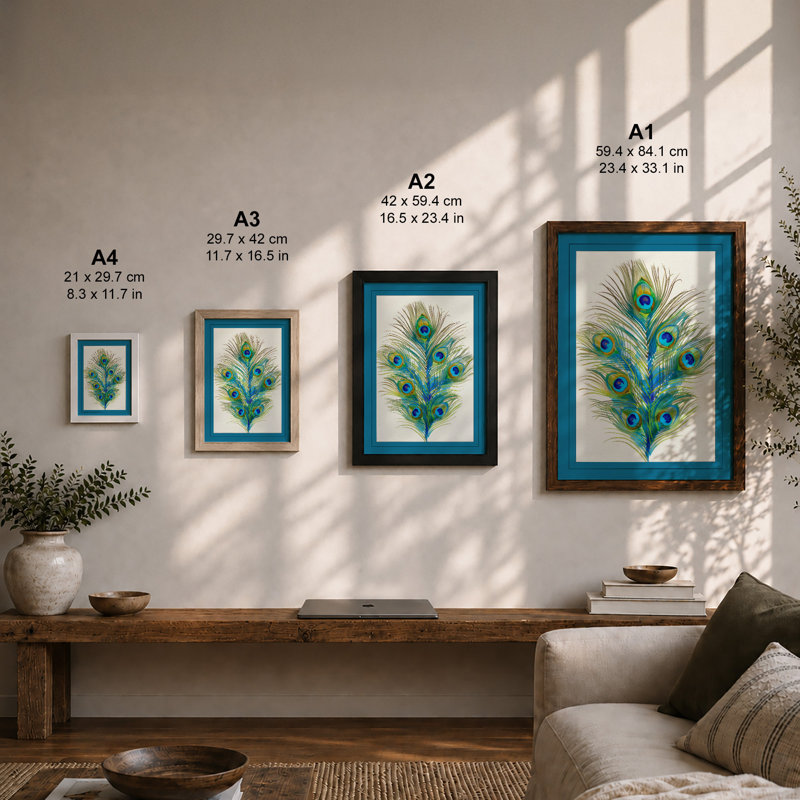 Peacock Feather Study Botanical - Framed Print, A4 - 29.7 x 21.0 cm, White