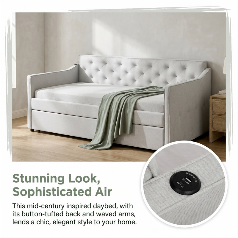 Upholstered Daybed with Pop‑Up Trundle & USB Charging | Velvet Sofa Bed with Button Tufted Back | Space‑Saving Guest Bed for Living Room, Bedroom, or Home Office