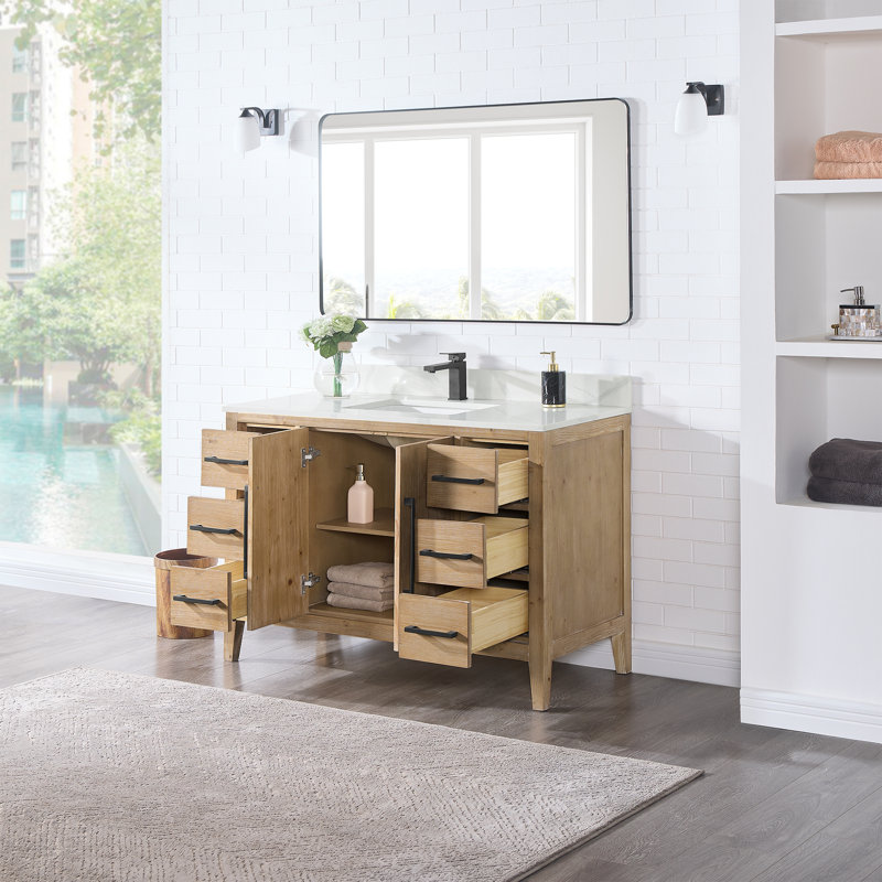 Meuble-lavabo sur pied simple 48 po avec plateau en quartz et miroir Griswalda, Sapin vieilli