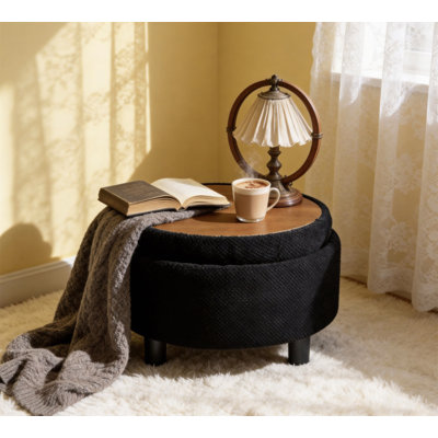 Repose-pieds rond avec rangement de 25 pouces avec plateau, table basse ronde en tissu capitonné avec rangement, repose-pieds rembourré avec plateau amovible pour le salon, la chambre à coucher