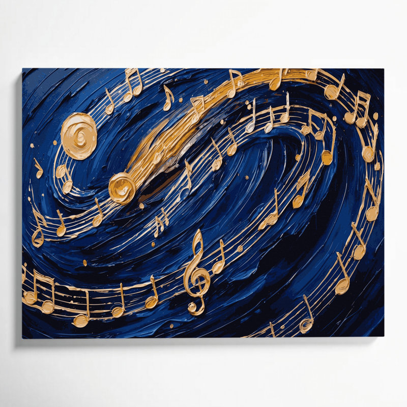 «Music» Notes et symboles musicaux sur toile bleue, H 11 po x l 14 po