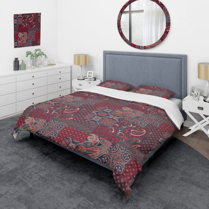 Ensemble de housse de couette rouge à patchwork abstrait, Housse de couette pour grand lit et 2 taies décor