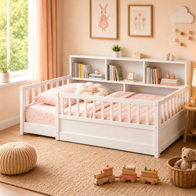 Lit simple à profil bas pour enfant Montessori avec barrière de sécurité de style clôture, lit pour enfant robuste avec rangement latéral pratique, lits décoratifs et fonctionnels pour les filles