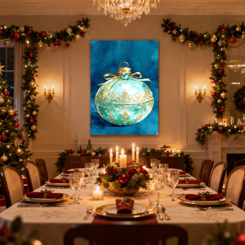 Ornement de Noël turquoise avec motifs dorés et ruban, ensemble de 3 impressions sur toile, H 30 po x l 20 po