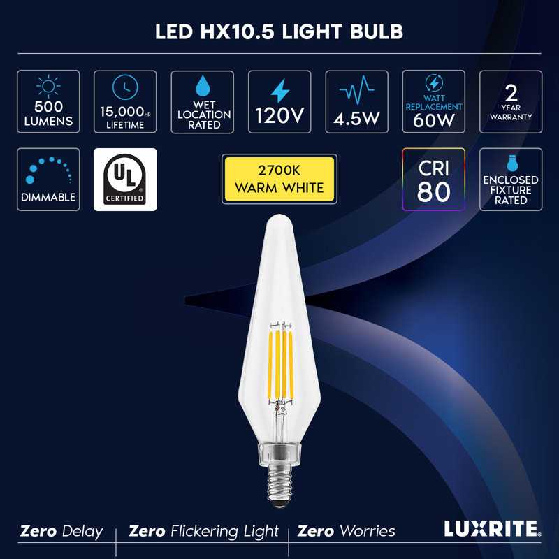 4,5 watts, ampoule DEL C11 à intensité variable, culot candélabre E12, 2700