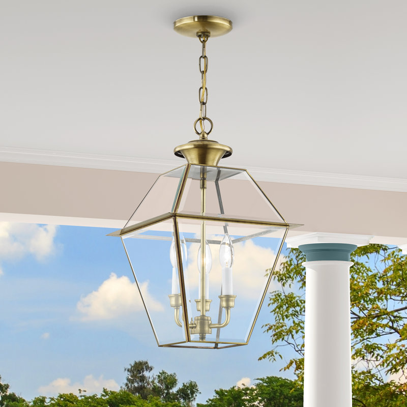 Amiree Outdoor Hanging Lantern, 18.5" H x 12" W x 12" D, Antique Brass