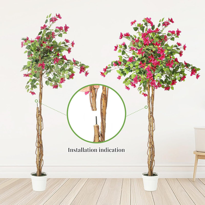 Artificial Bougainvillea Tree with White Pot, 70" H x 7.8" W x 7.8" D