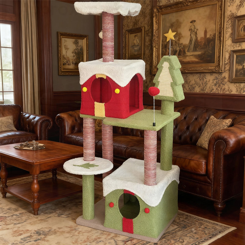Arbre à chat à plusieurs niveaux avec poteaux à griffes et cachettes douillettes pour Noël