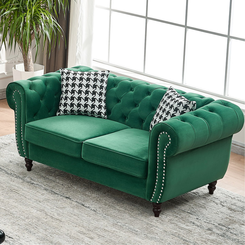 Fauteuil 65 po en velours 2 places avec accoudoirs roulés, têtes de clou et coussins en mousse haute densité, idéal pour les accoudoirs roulés de canapé d'appartement, les ensembles de ressorts et le bureau