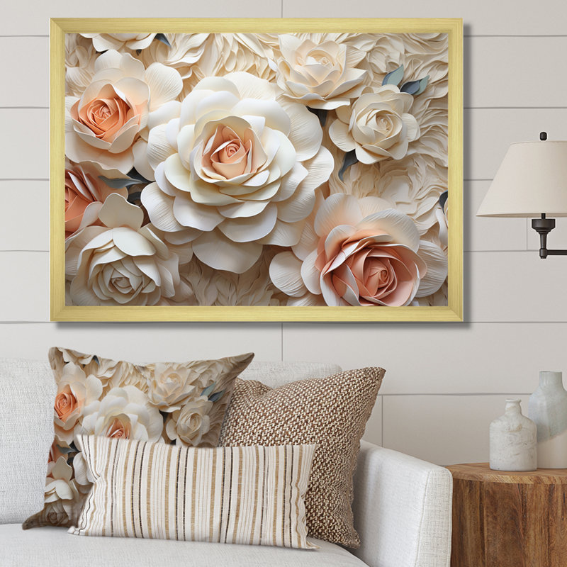 «Minimalisme Beige Roses Passion» - art mural sur toile Roses, H 34 po x l 44 po x P 1,5 po, Cadre doré simple