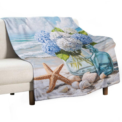 Jeté en flanelle d'hortensias, étoile de mer et coquillages de luxe, couverture douce et douce pour le salon
