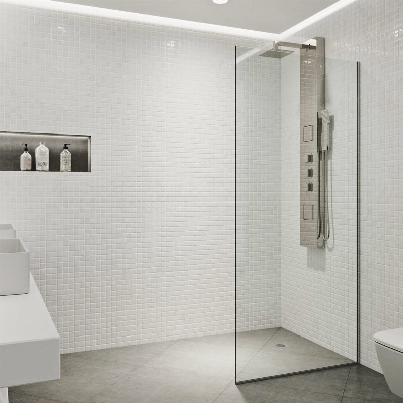 Paroi de douche fixe sans cadre de l 34 po x H 74 po avec verre de 3/8 po Zenith, Acier inoxydable / transparent