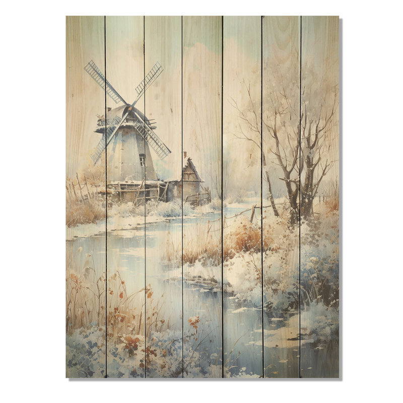Snowy Windmill Winter Landscape II - Moulins à vent sur bois, H 20 po x l 10 po