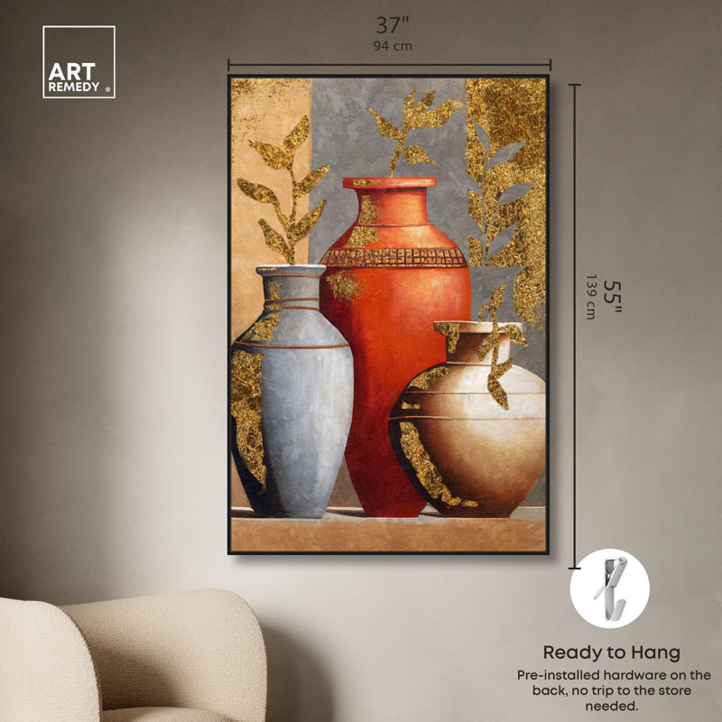 Trois vases, art moderne classique sur toile par Art Remedy, H 46 po x l 31 po, Cadre noir