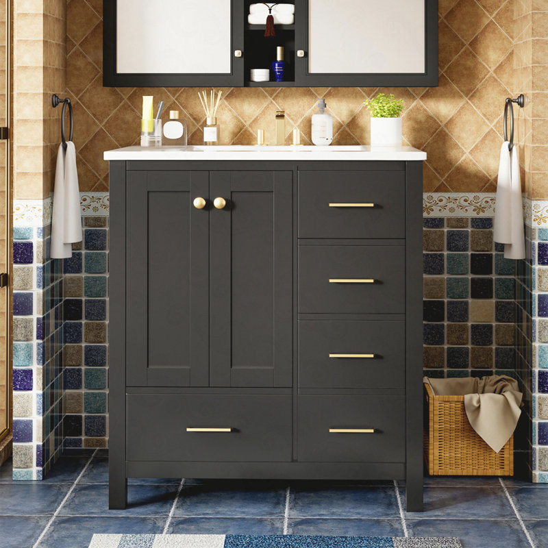 Ensemble de meuble-lavabo 30 po avec lavabo en céramique, armoire de rangement en bois massif, ensemble de meuble-lavabo autoportant avec 4 tiroirs et portes à fermeture douce