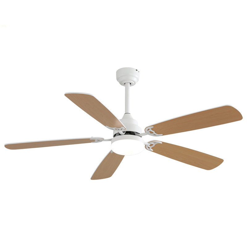 Indoor Modern 52 Inch Ceiling Fan 6 Speed Wind 5 Blades Remote Control Reversible DC Motor With Led Light, Oak, White
