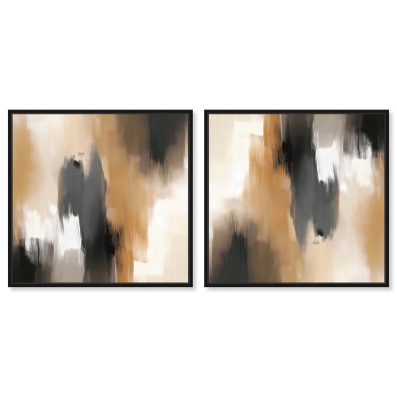 Desert and Black II Set Canvas Warm Boho Abstracts by Art Remedy, Black Framed, 13" H x 13" W