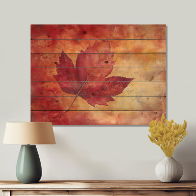 Autumn Sunset Maple Leaf II - Leaves Wood Wall Art - On Natural Pine Wood