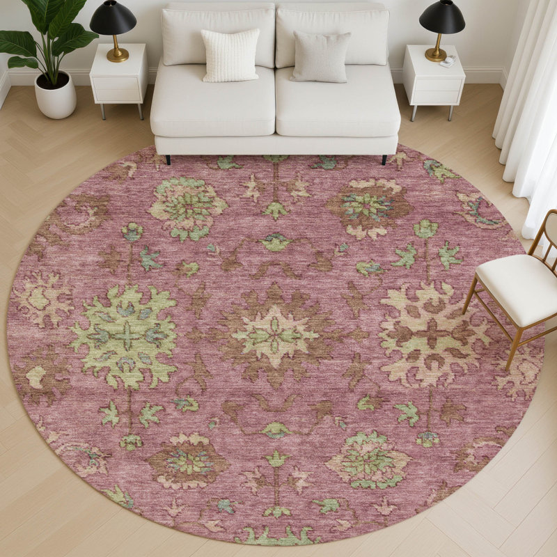 Premium Machine Washable Mayfield AMF2052 Global Rug, Pink, 8' Round