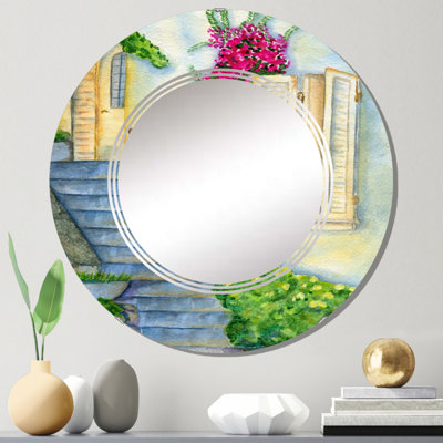 Escalier sur la façade de la vieille maison - Miroir mural rond de ferme