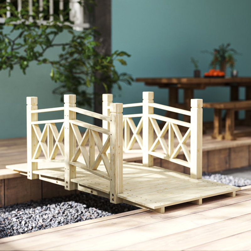 Pont de jardin en bois de 5 pi avec rails de sécurité, pont arrière pour étangs, ruisseaux et ruisseaux, Bois naturel