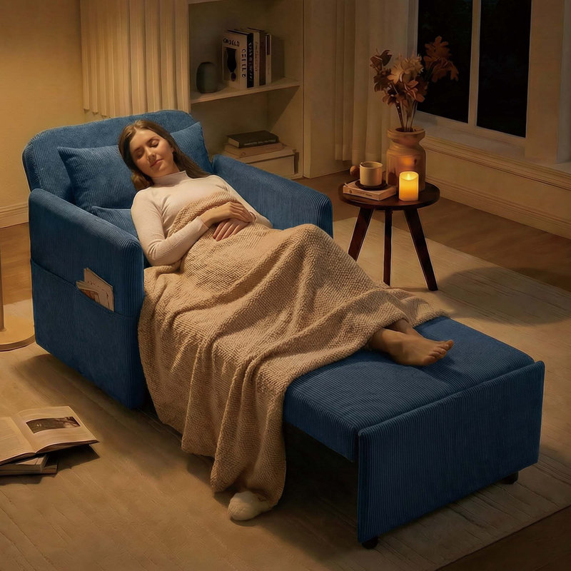 87'W Set Of 2 Linen 3-In-1 Convertible Chair Beds, Adjustable Backrest Extra Long 3-Section With Cushions & Storage Bag