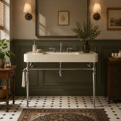 Solid Surface Console Vanity with Integrated Sink and 3 Pre-Drilled Faucet Holes, Freestanding Stainless Steel Legs and Towel Bar