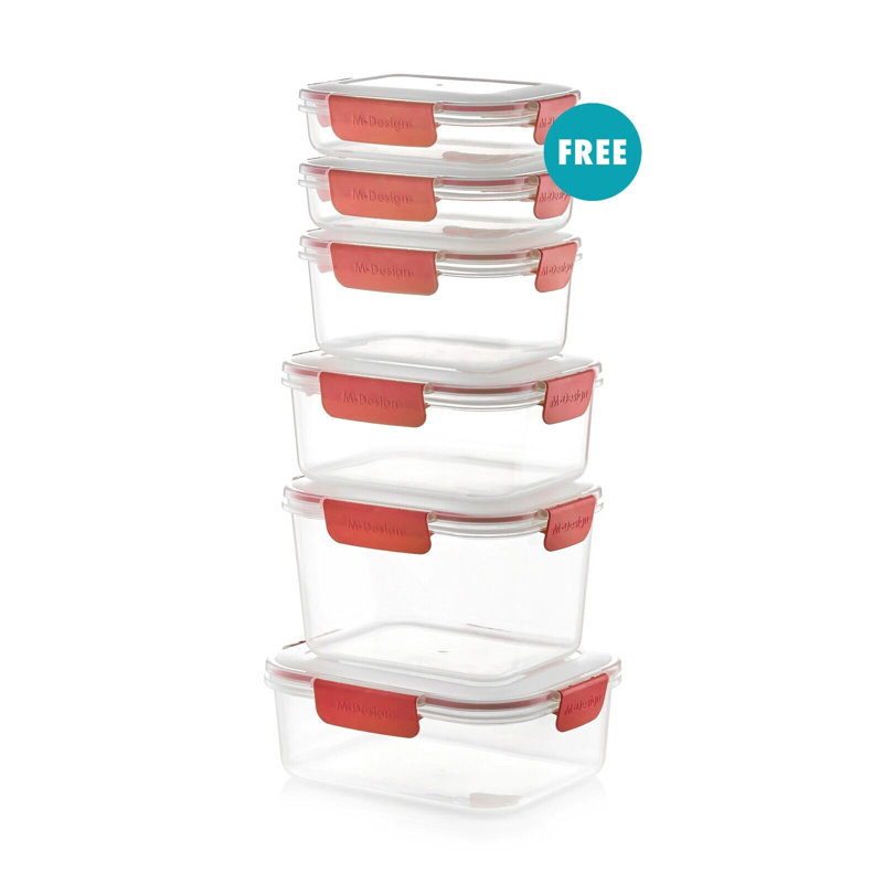 Plastic Airtight Seal Clip Lock Lid 5 Container Food Storage Set, Red