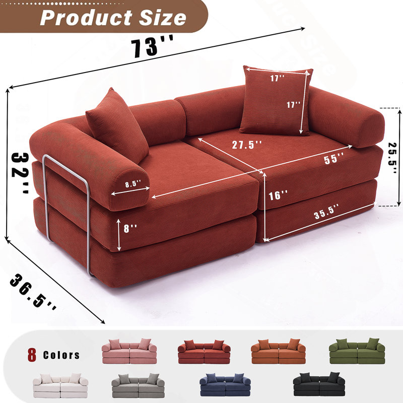 Canapé-lit modulaire convertible pour petits espaces, aucun assemblage requis, tissu en velours côtelé avec accoudoirs amovibles et structure de forme fixe