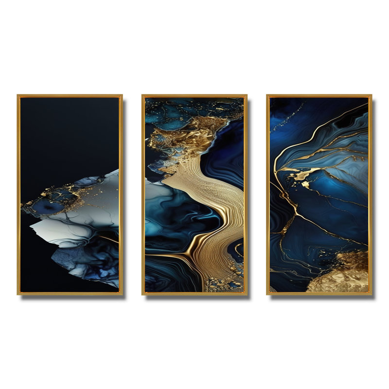 Géode abstraite, marbre doré et bleu V - ensemble d'art mural sur toile abstraite en marbre, H 28 po x l 36 po x P 1 po