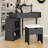 Corner Makeup Vanity with Cushioned Storage Stool, Glass Tabletop and Movable Pull-Out Cabinet-1709627035