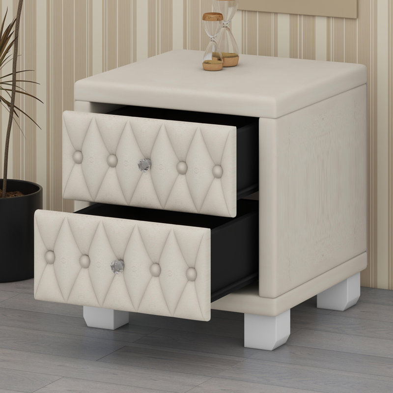 Elegant Button-Tufted Nightstand with Drawers, Crystal Handle, and Storage Design, Beige