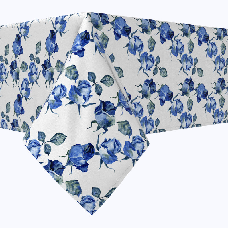 Rectangular Tablecloth, 100% Cotton, 52X104", Blue Watercolor Roses, 120" L x 52" W