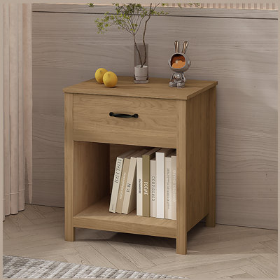 Nightstand with Drawer and Open Shelf, Modern Bedside Table with Storage, Wooden End Table
