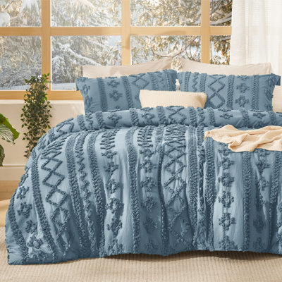 Bedsure Tufted Boho Twin Comforter Set – 2-Piece Grayish Blue Shabby Bedding，Farmhouse Jacquard Bed Set with Embroidery, All-Season Softness for Cozy Bedrooms & Boho-Chic Gifts