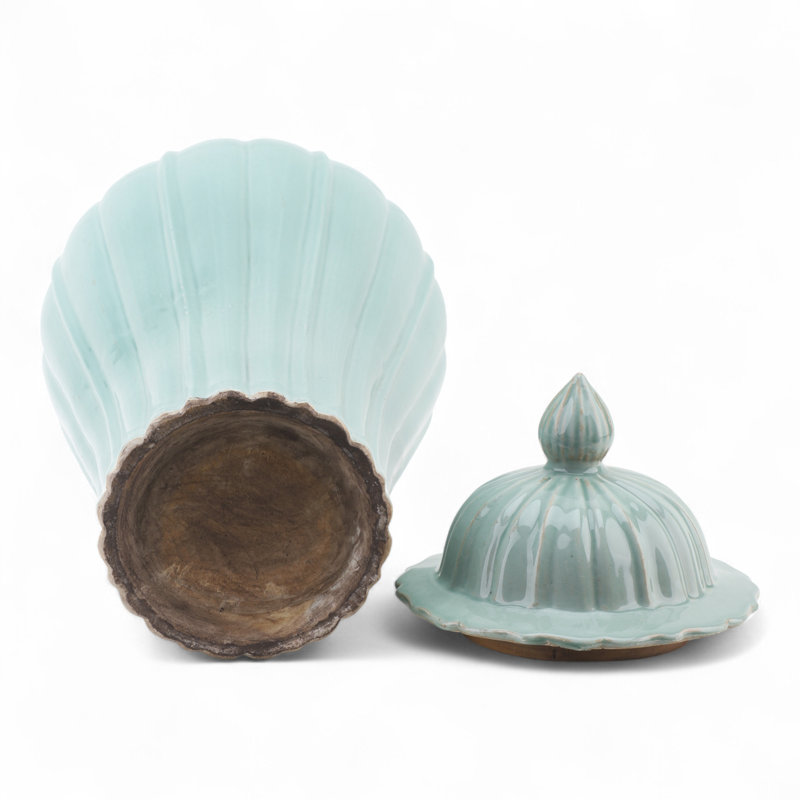 Pale Blue Fluted Jar with Lid, Green