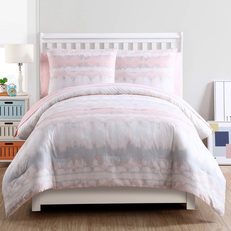 Ensemble d'édredon en microfibre moderne et contemporain rose 6 pièces Dmitri, Édredon simple + 5 pièces supplémentaires