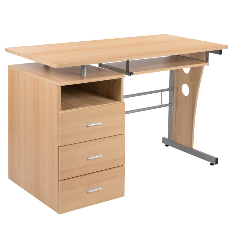 Picabo Computer Desk with Three Drawer Single Pedestal and Pull-Out Keyboard Tray, Maple