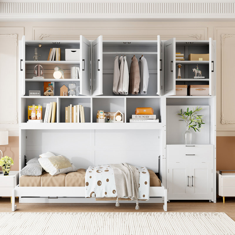 Lit escamotable simple avec placard, tiroirs et bureau