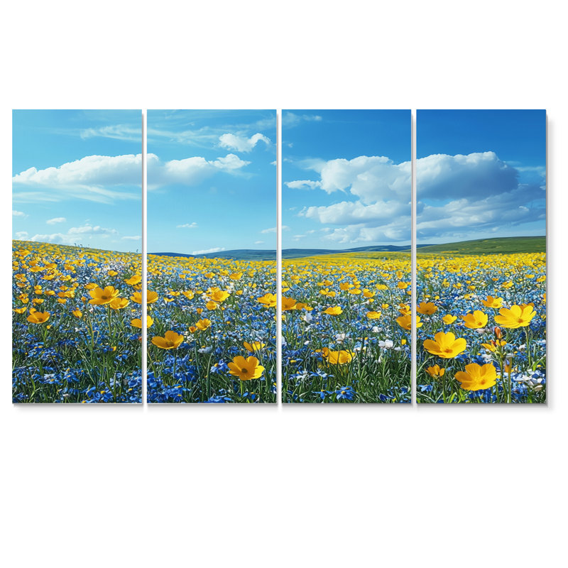 «Yellow Daylight Joy Wildflowers II» - art mural fleurs sauvages - ensemble d'art mural traditionnel 4 pièces