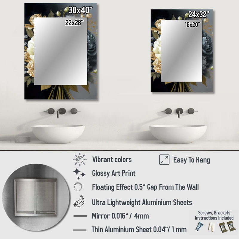 White, Blue And Grey Peony Bouquet II - Peonies Decorative Wall Mirror, Modern Mirror, Printed Metal Art, 32" x 24"